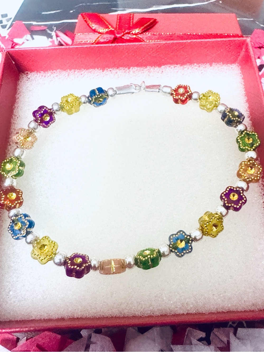 Handmade Multicolor Floral Bead Bracelet — Women’s Colorful Flower Bracelet